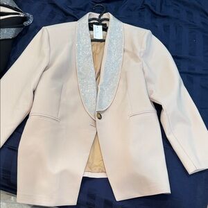 Chic Beige Blazer with Sparkling Silver Trim